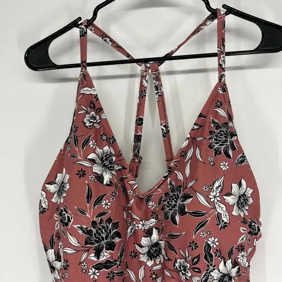 Kona Sol Swimsuit One Piece Pink Floral Print V Neck Side Cinch - Picture 3 of 12